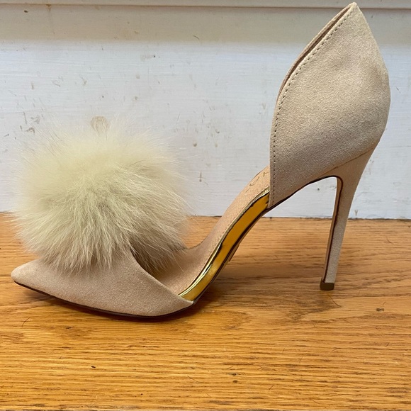 Nude Selina High Heel Stiletto with Rabbit Fur Pom Pom by Liliana Size 7 - Picture 2 of 5